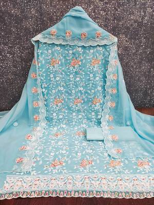 Women's sky blue heavy thread embroidery georgette dress material 4