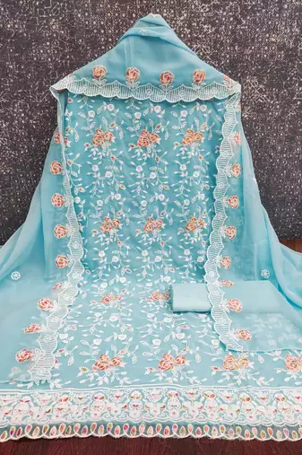 Women's sky blue heavy thread embroidery georgette dress material