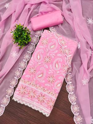 Women's baby pink heavy thread embroidery georgette dress material 2