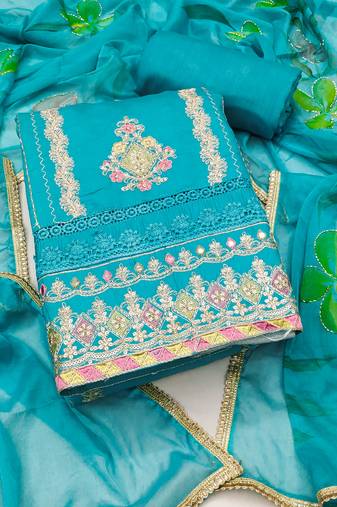 Women's blue unstitched heavy embroidery & digital print premium roman cotton dress material (msmfc11592a)