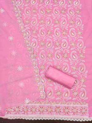 Women's baby pink heavy thread embroidery georgette dress material 3