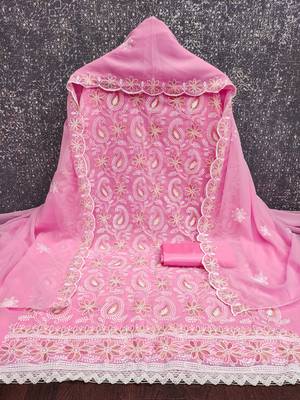 Women's baby pink heavy thread embroidery georgette dress material 4