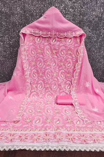 Women's baby pink heavy thread embroidery georgette dress material