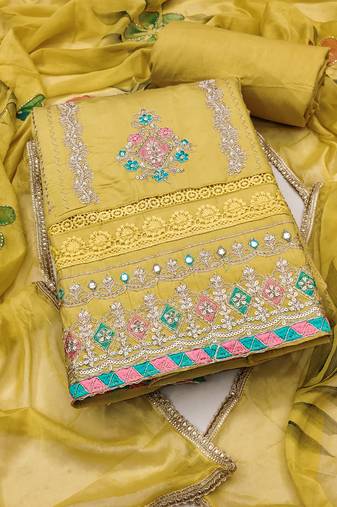Women's beige unstitched heavy embroidery & digital print premium roman cotton dress material (msmfc11592b)