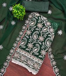 Women's green heavy thread embroidery georgette dress material