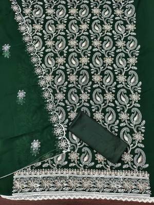 Women's green heavy thread embroidery georgette dress material 3