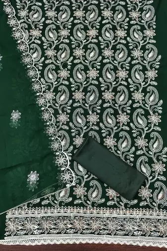 Women's green heavy thread embroidery georgette dress material