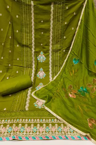 Women's green heavy embroidery & digital print premium roman cotton dress material