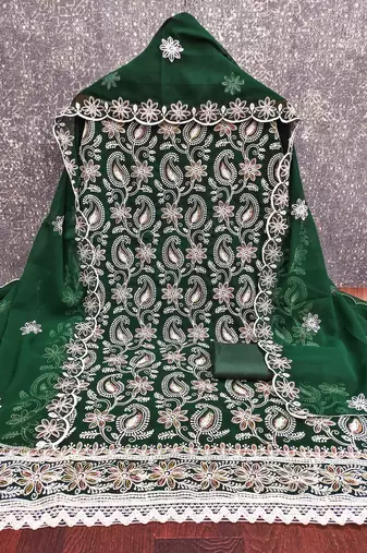 Women's green heavy thread embroidery georgette dress material