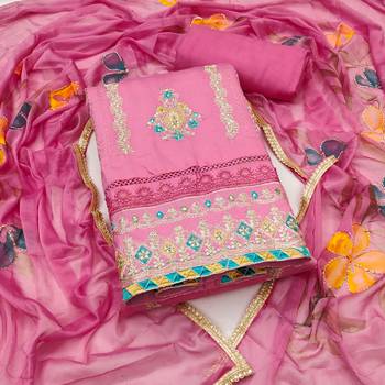 Women's pink heavy embroidery & digital print premium roman cotton dress material 1