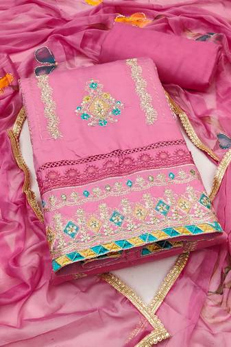 Women's pink unstitched heavy embroidery & digital print premium roman cotton dress material (msmfc11592d)