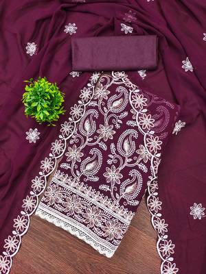 Women's purple heavy thread embroidery georgette dress material 2