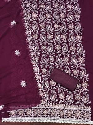 Women's purple heavy thread embroidery georgette dress material 3