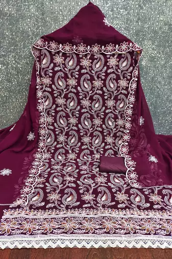 Women's purple heavy thread embroidery georgette dress material