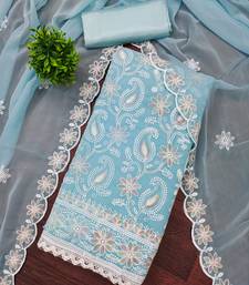 Women's sky blue heavy thread embroidery georgette dress material