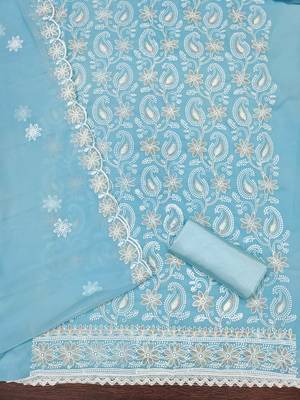Women's sky blue heavy thread embroidery georgette dress material 3