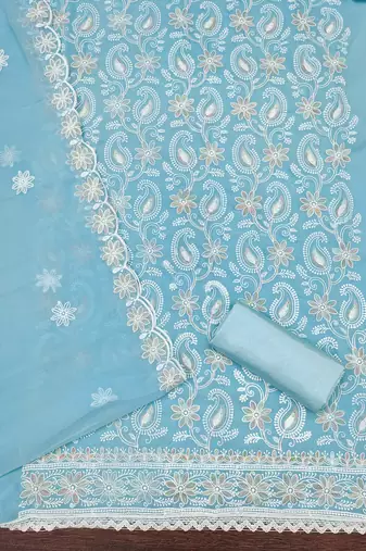 Women's sky blue heavy thread embroidery georgette dress material