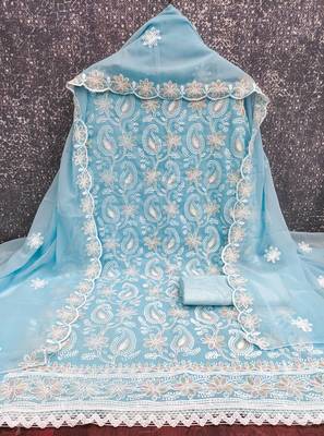 Women's sky blue heavy thread embroidery georgette dress material 4