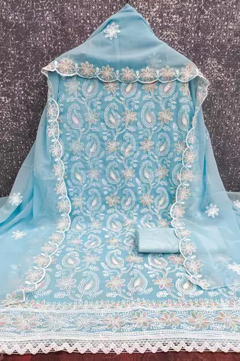 Women's sky blue heavy thread embroidery georgette dress material