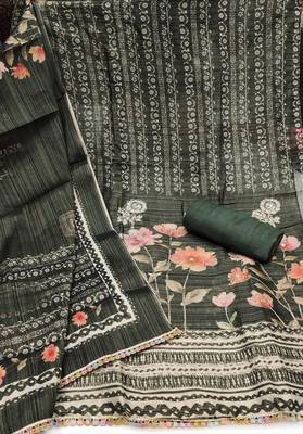 Women's dark green print & embroidery simmer cotton silk dress material 2