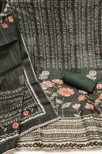 Women's dark green print & embroidery simmer cotton silk dress material