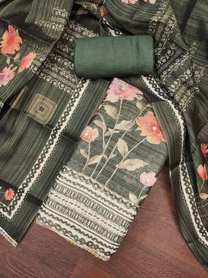 Women's dark green print & embroidery simmer cotton silk dress material 4