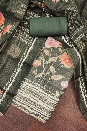 Women's dark green print & embroidery simmer cotton silk dress material