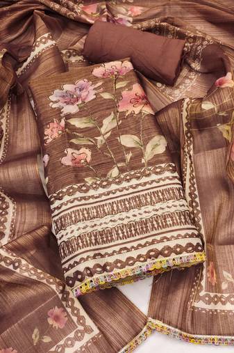 Women's brown unstitched print & embroidery simmer cotton silk dress material (msmfc11594b)