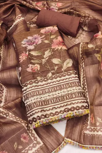 Women's brown unstitched print & embroidery simmer cotton silk dress material (msmfc11594b)