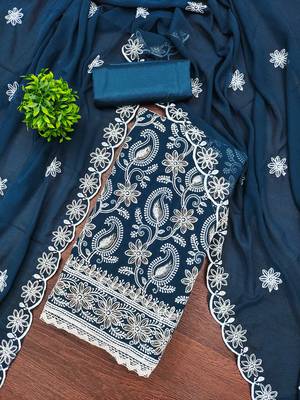 Women's teal blue heavy thread embroidery georgette dress material 2