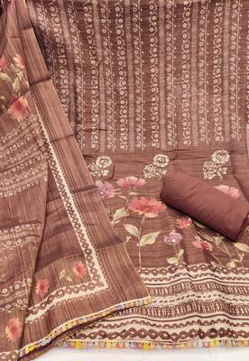Women's brown print & embroidery simmer cotton silk dress material 2