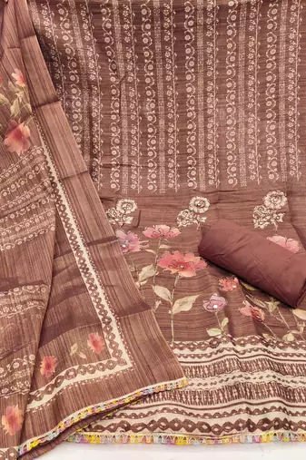 Women's brown print & embroidery simmer cotton silk dress material