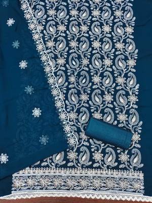 Women's teal blue heavy thread embroidery georgette dress material 3