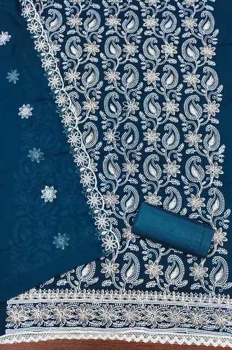 Women's teal blue heavy thread embroidery georgette dress material