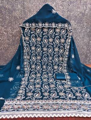 Women's teal blue heavy thread embroidery georgette dress material 4
