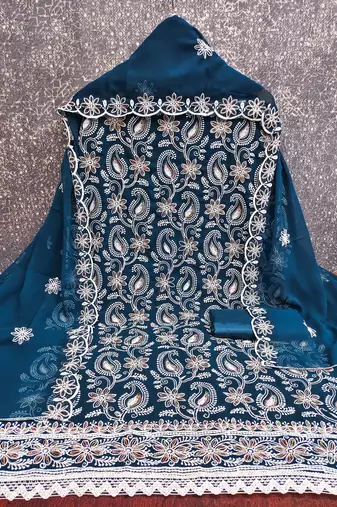 Women's teal blue heavy thread embroidery georgette dress material