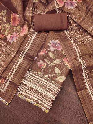 Women's brown print & embroidery simmer cotton silk dress material 4