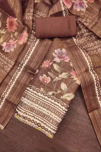Women's brown print & embroidery simmer cotton silk dress material