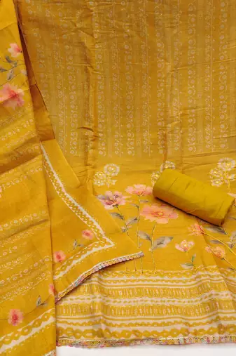 Women's mustard unstitched print & embroidery simmer cotton silk dress material (msmfc11594c)