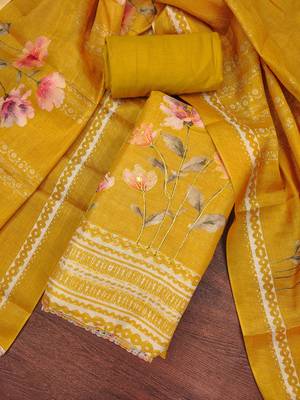Women's mustard unstitched print & embroidery simmer cotton silk dress material (msmfc11594c) 4