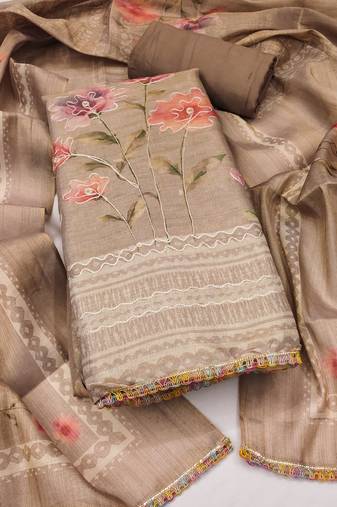 Women's grey unstitched print & embroidery simmer cotton silk dress material (msmfc11594d)