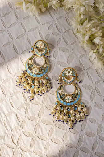 gold plated Blue stone chandbali earrings in Sterling Silver