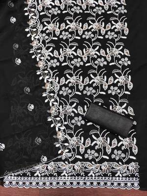 Women's black heavy thread embroidery georgette dress material 3