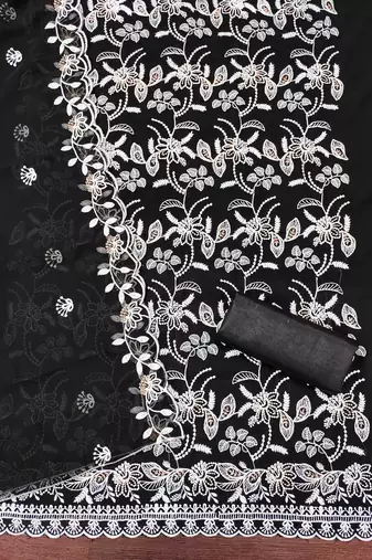 Women's black heavy thread embroidery georgette dress material