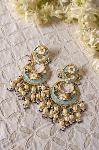 gold plated Blue stone chandbali earrings in Sterling Silver