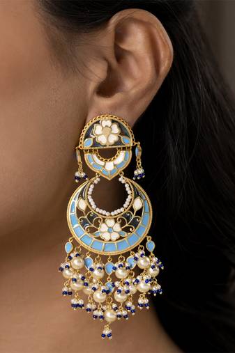 gold plated Blue stone chandbali earrings in Sterling Silver
