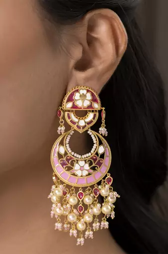 gold plated  Pink stone chandbali earrings in Sterling Silver