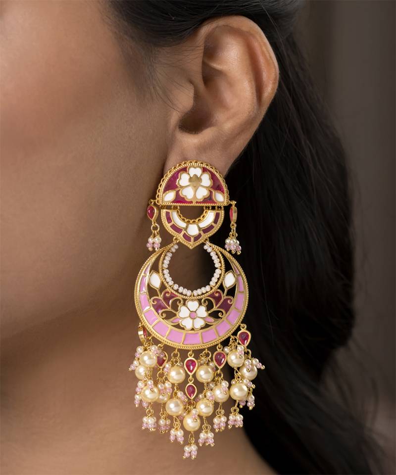 gold plated  Pink stone chandbali earrings in Sterling Silver