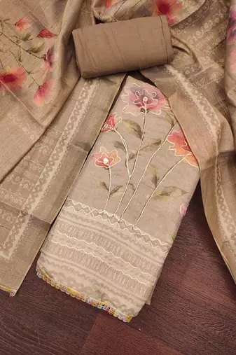Women's grey unstitched print & embroidery simmer cotton silk dress material (msmfc11594d)