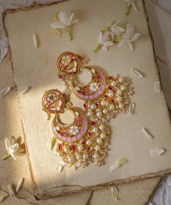 gold plated  Pink stone chandbali earrings in Sterling Silver 2